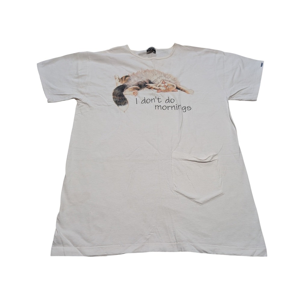 Alore Nightshirt‎ Womens OS Cream I Don't Do Mornings Cat Graphic VTG Sleepwear